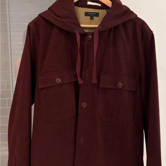 Ted Baker Men’s Hooded Overshirt Shacket in Burgundy - Picture 2 of 9